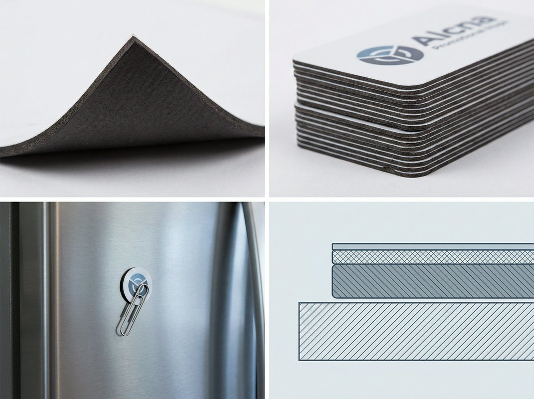 Cross-section diagram of a flexible magnetic sheet showing the ferrite-loaded base layer bonded beneath a printed and laminated top layer